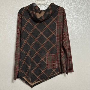 Shana Cowl Neck Lightweight Sweater Asymmetrical Hem Plaid Knit Grey Red XL